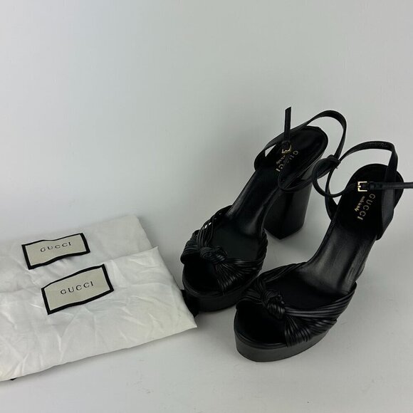 Gucci Allie Knotted Platform Sandals EU 37 US 7 Black Crawford Block High Heel - Picture 2 of 12